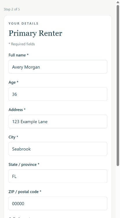 Fictional guest Avery Morgan completing the primary renter step of Seabrook Cove Resort registration
