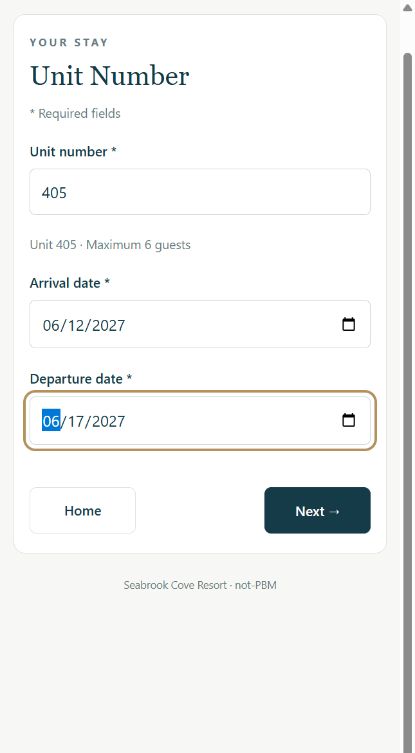 Seabrook Cove Resort fictional guest registration showing unit and arrival and departure dates