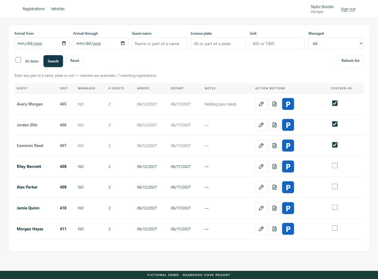 Kiosk manager registrations screen with fictional guests including Avery Morgan and Jordan Ellis, arrival dates, unit numbers and check-in controls